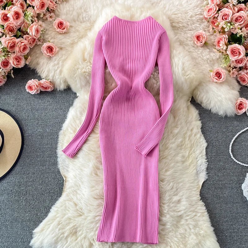 LY2571 New 2025 Korean Spring Chic Solid Color Slim Waist Sweater Dress Women's Knit Dresses Clothing 1