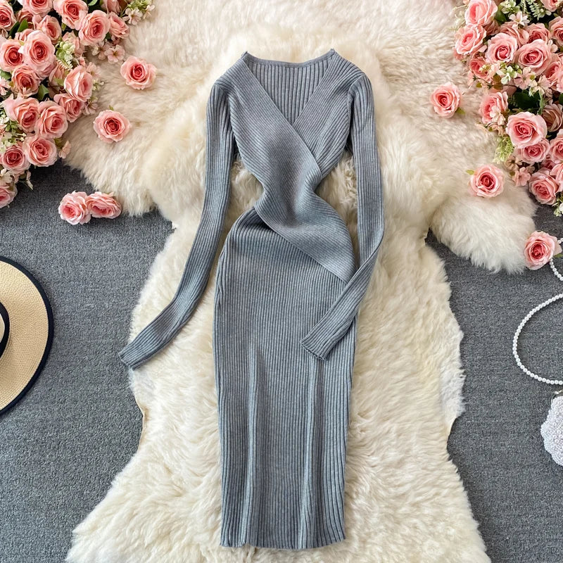 LY2571 New 2025 Korean Spring Chic Solid Color Slim Waist Sweater Dress Women's Knit Dresses Clothing 1