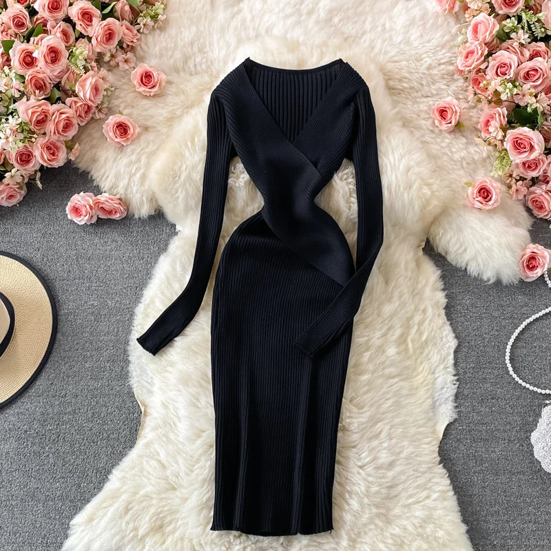 LY2571 New 2025 Korean Spring Chic Solid Color Slim Waist Sweater Dress Women's Knit Dresses Clothing 1