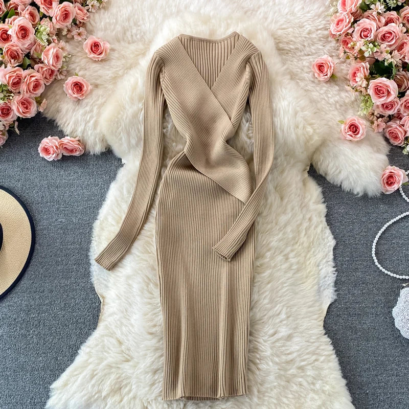 LY2571 New 2025 Korean Spring Chic Solid Color Slim Waist Sweater Dress Women's Knit Dresses Clothing 1