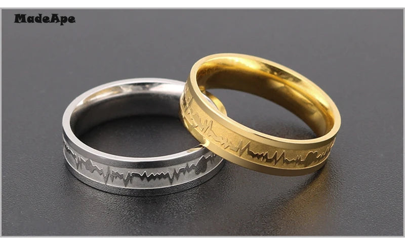 MadApe ECG Couple Ring Gold Color Titanium Stainless Steel Width 6mm Women Weddding Ring For Women Men Engagenemt Ring Jewelry