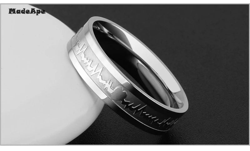 MadApe ECG Couple Ring Gold Color Titanium Stainless Steel Width 6mm Women Weddding Ring For Women Men Engagenemt Ring Jewelry