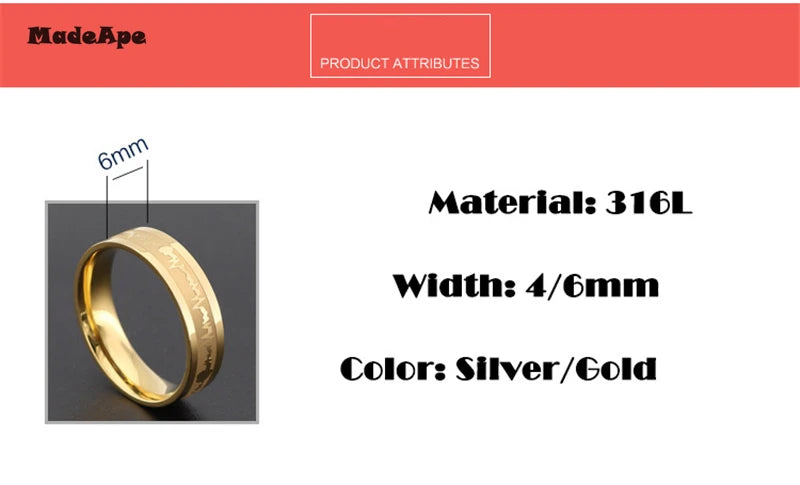 MadApe ECG Couple Ring Gold Color Titanium Stainless Steel Width 6mm Women Weddding Ring For Women Men Engagenemt Ring Jewelry