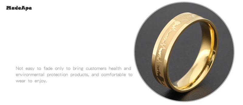 MadApe ECG Couple Ring Gold Color Titanium Stainless Steel Width 6mm Women Weddding Ring For Women Men Engagenemt Ring Jewelry