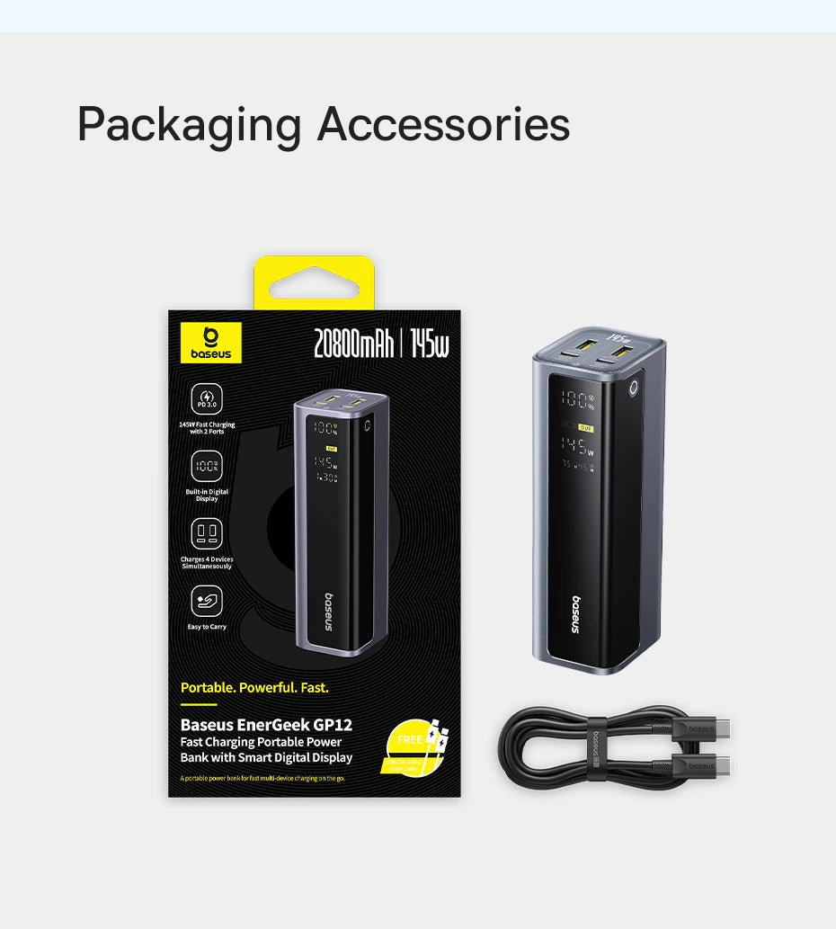 Baseus Power Bank 145W 20800mAh PD 100W Fast Charging with Smart Digital Display Portable External PowerBank for Laptop Phone