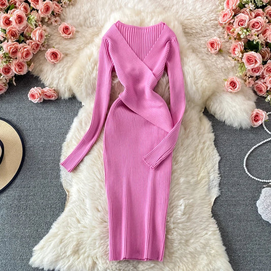 LY2571   New 2025 Korean Spring Chic Solid Color Slim Waist Sweater Dress Women's Knit Dresses Clothing 1